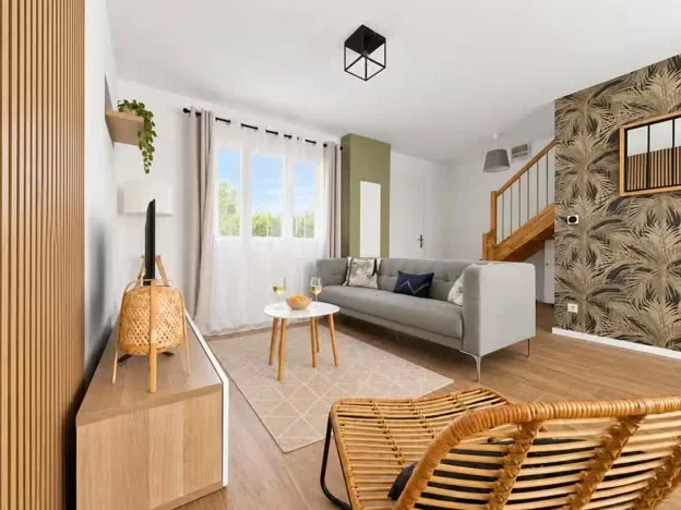 Salon avec papier peint à motif feuillage d'un logement géré par AlexSandra Gestion